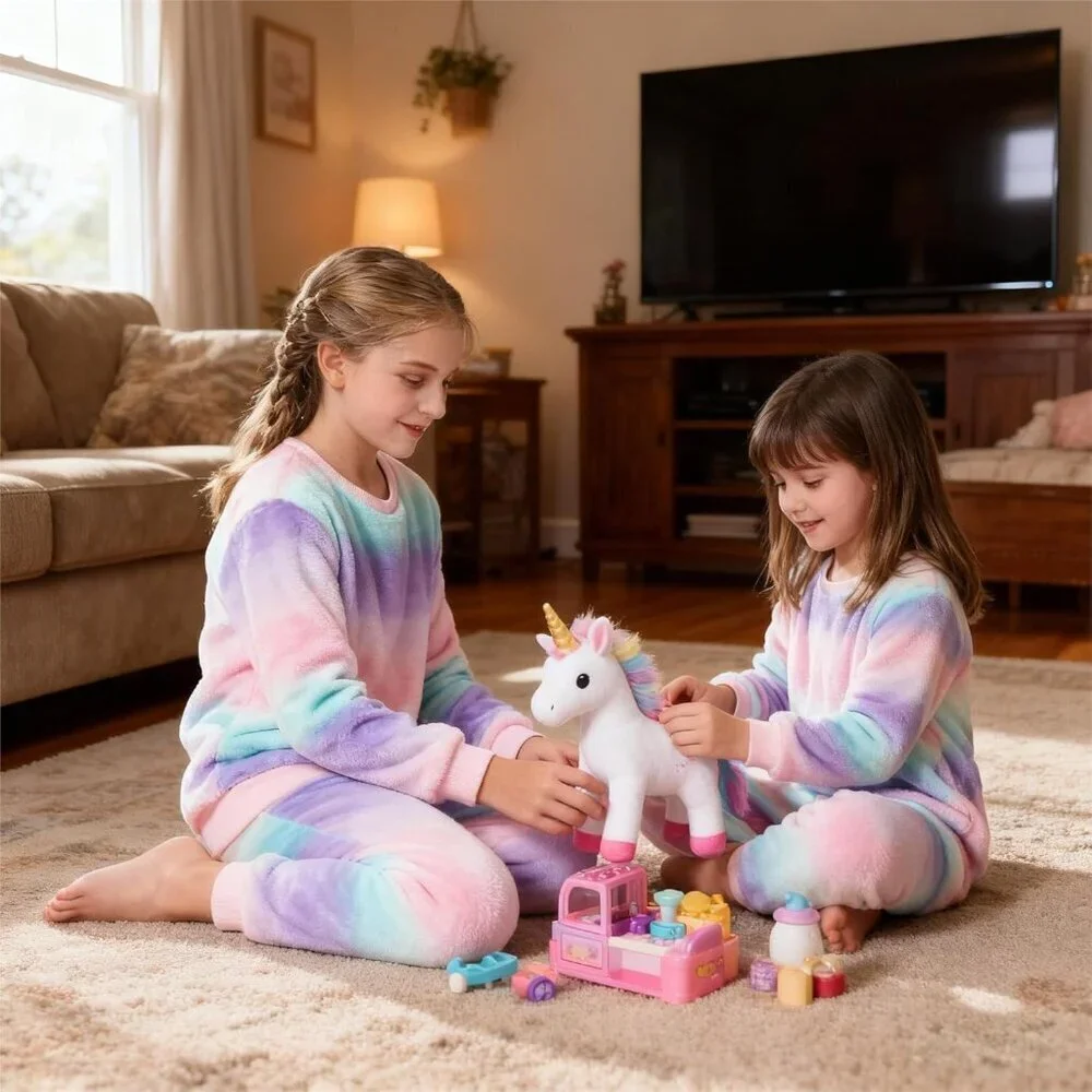 Girls Fleece Pajamas, Soft Cozy Pullover Sweatshirt Pants Set for Kids 7-16 Year